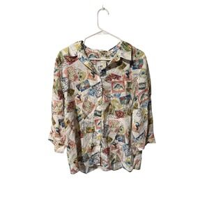 Chicos Size 3/XL  100% Linen Postage Stamp Print Button Up Shirt Top NO IRON